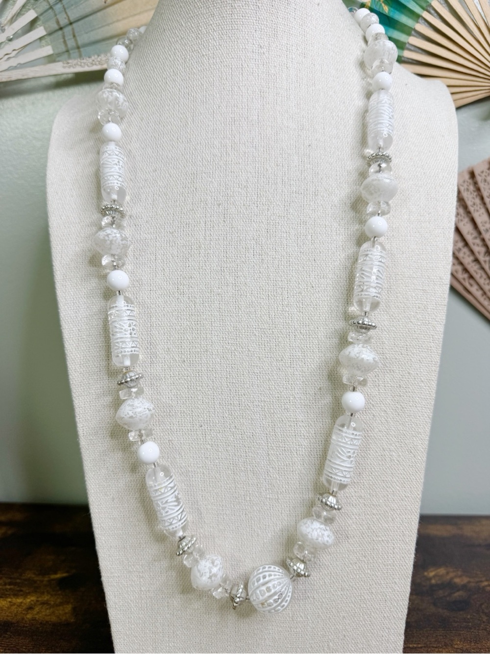 Vintage White Washed Frosted Carved Lucite Beaded Necklace